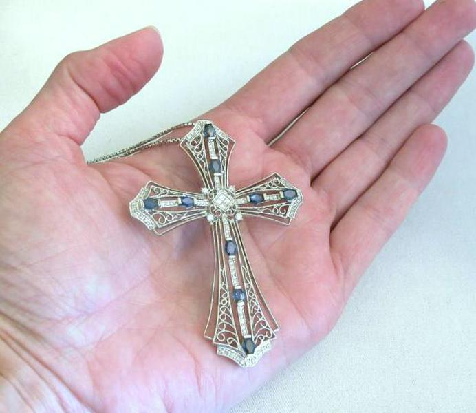 Large Vintage Styled Natural Blue Sapphire and Diamond Filigree Cross in 18k white gold