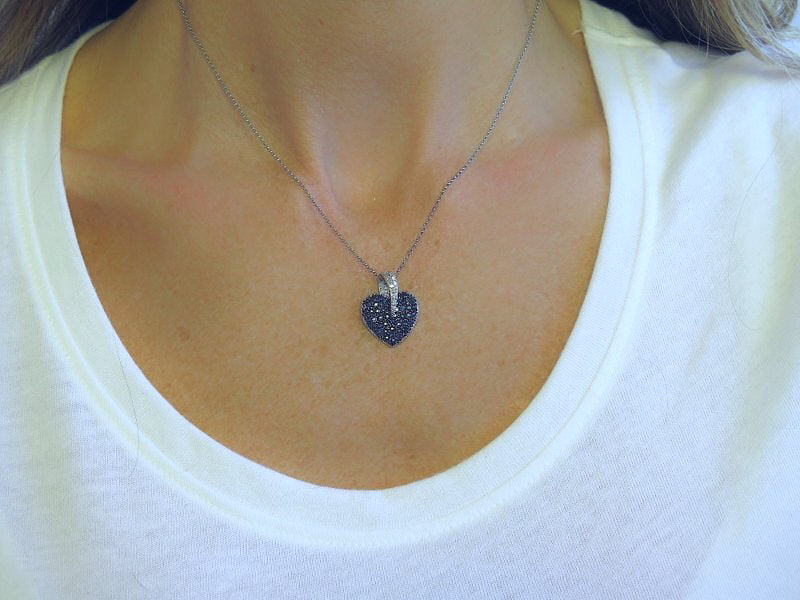 Pave Natural Blue Sapphire Diamond Heart Pendant in 14k white gold