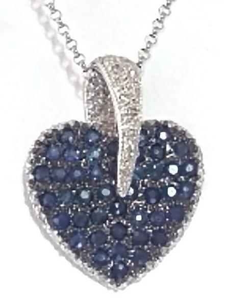 Pave Blue Sapphire Heart Pendant with Diamonds in 14k white gold