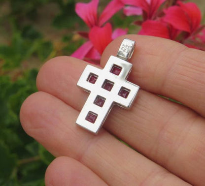 Natural Ruby Cross Pendant with Pave Set Diamonds in 18k white gold