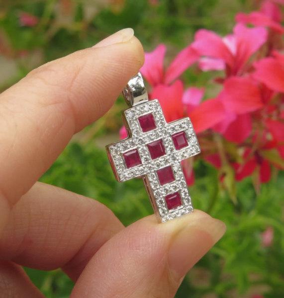 Natural Ruby Cross Pendant Necklace with Pave Set Diamonds in 18k white gold