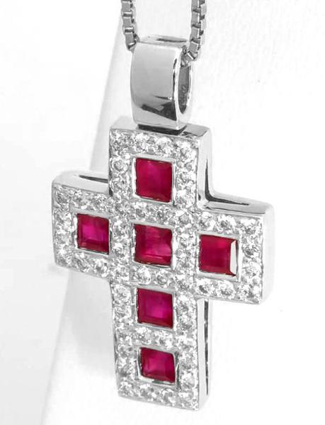 Natural Ruby Cross Pendant with Pave Set Diamonds in 18k white gold