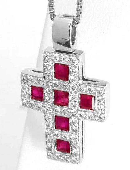 Natural Ruby Cross Pendant with Pave Set Diamonds in 18k white gold