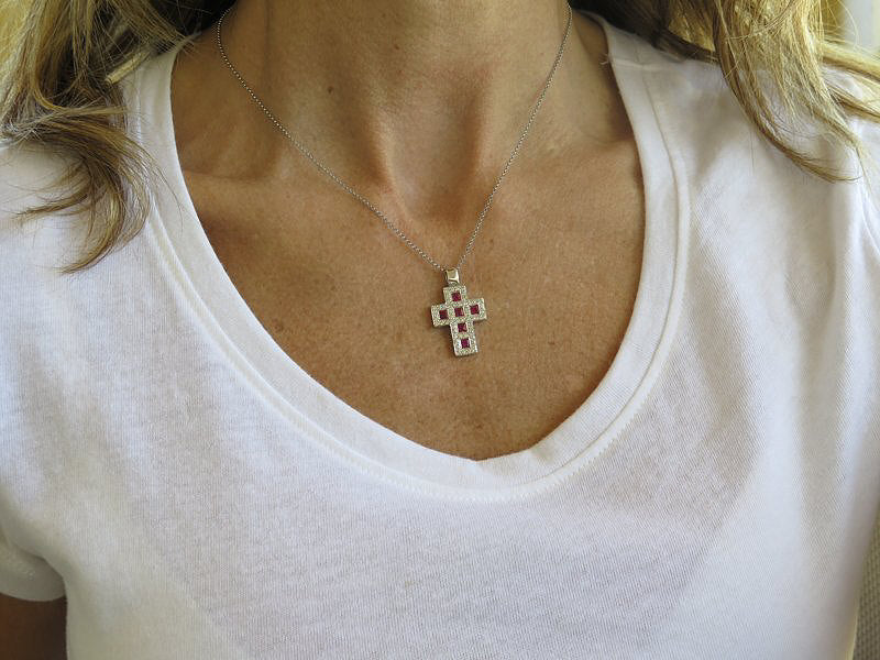 Natural Ruby and Diamond Cross Pendant in 18k white gold