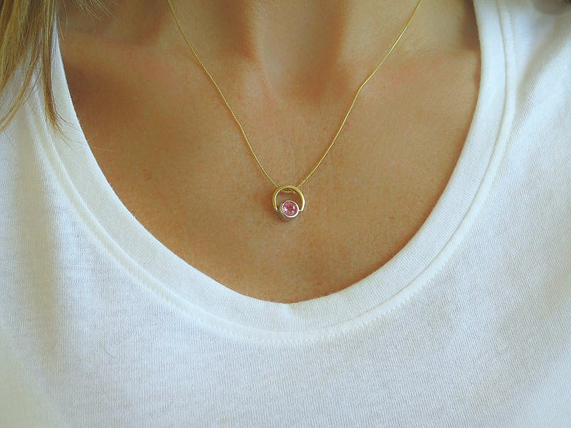 Pink Sapphire Solitaire Pendant in 14k white and yellow gold