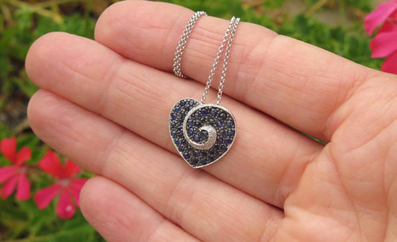 White Gold Natural Sapphire Heart Pendant Necklace with Black Rhodium
