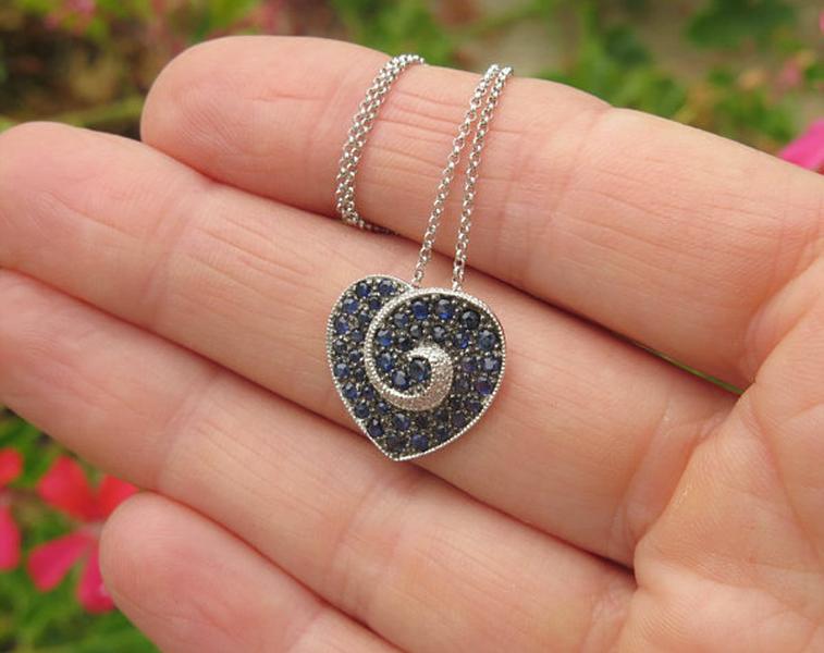 Natural Sapphire and Diamond Pendant in 14k white gold for her