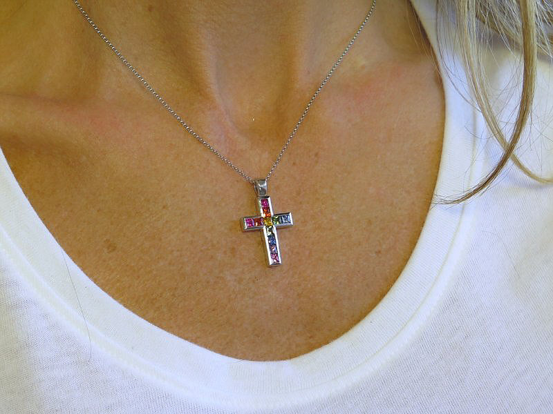 Natural Rainbow Sapphire Cross Pendant in 14k white gold