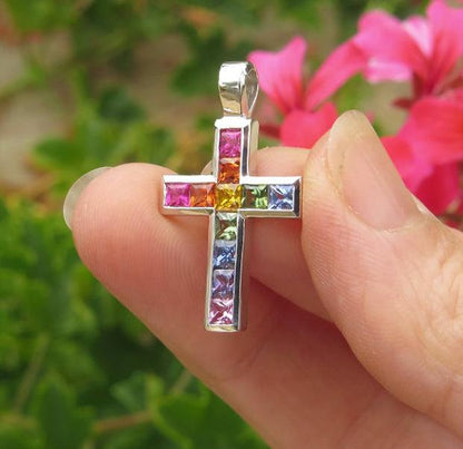 Natural  Rainbow Sapphire Cross Pendant in 14k white gold . All Genuine Sapphires.