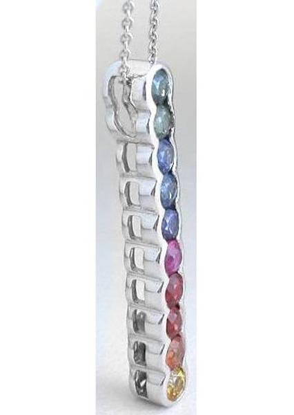 Thin Rainbow Sapphire Stick Pendant in 14k white gold with 16" white gold chain