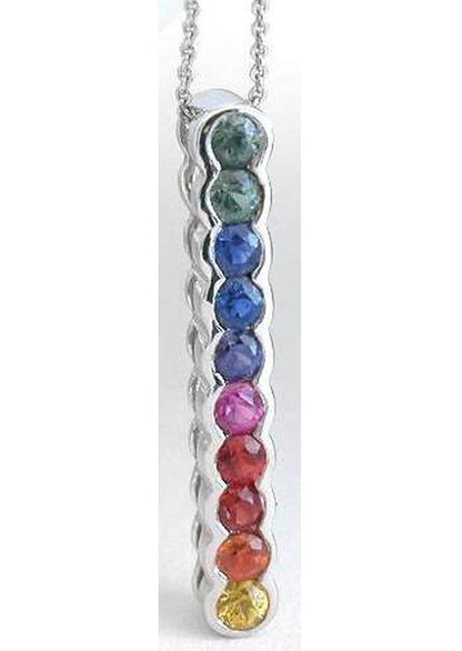 Rainbow Natural Sapphire Line Pendant in 14k white gold with 16 inch white gold chain