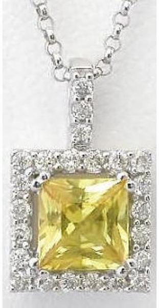 1 carat Princess Cut Natural Yellow Sapphire and Diamond Halo Pendant in 14k white gold