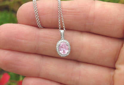 Oval Light Pink Sapphire and Diamond Pendant in 14k white gold
