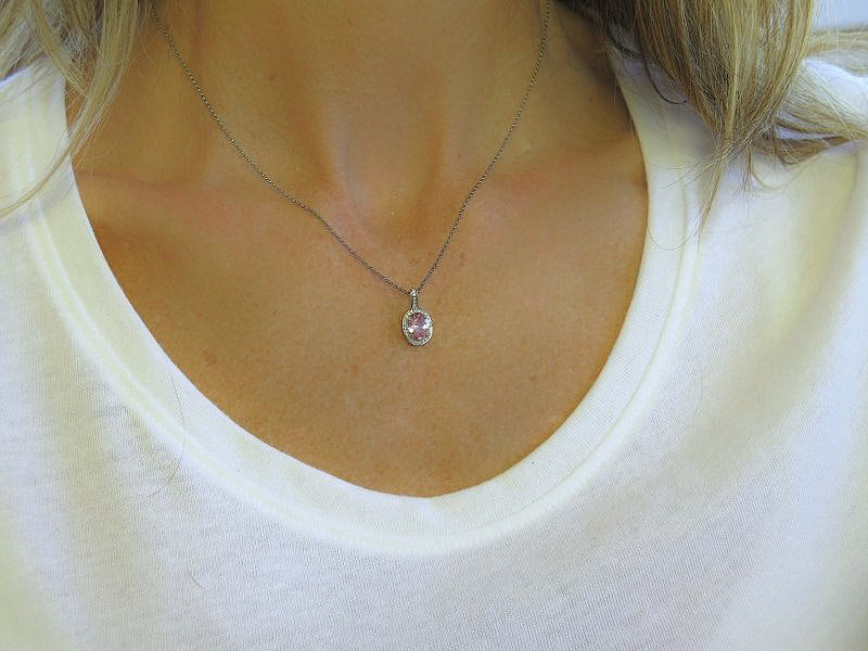 Pink Sapphire Pendant - Oval Light Pink Sapphire with Diamonds set in solid 14k white gold