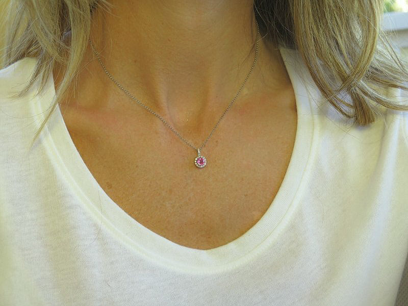 Round Pink Sapphire Pendant in 14k white gold- with Diamond Halo