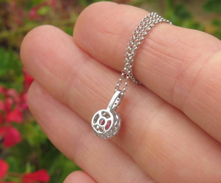 Round Genuine Pink Sapphire Pendant with Real Diamond Halo in solid 14k white gold for sale