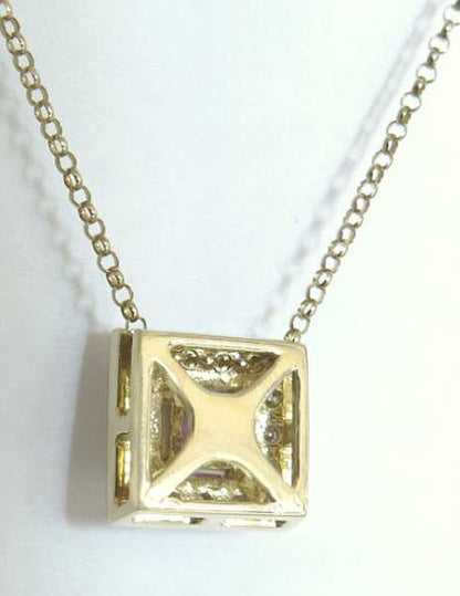 Princess Cut Natural Pink Sapphire and Diamond Pendant in 14k yellow gold