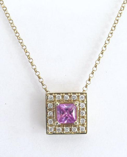 Princess Cut Natural Pink Sapphire and Diamond Pendant in 14k yellow gold