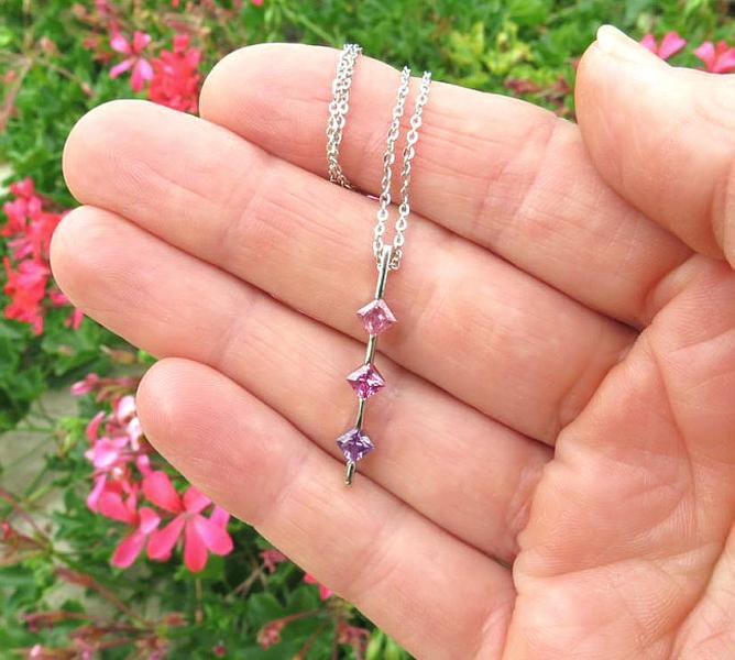 Natural Princess Cut Purple and Pink Sapphire Pendant in 14k white gold