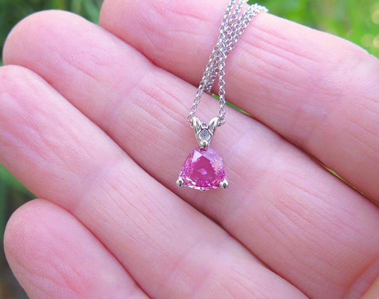 Trillion Cut Natural Fine Pink Sapphire Pendant in 14k white gold for sale