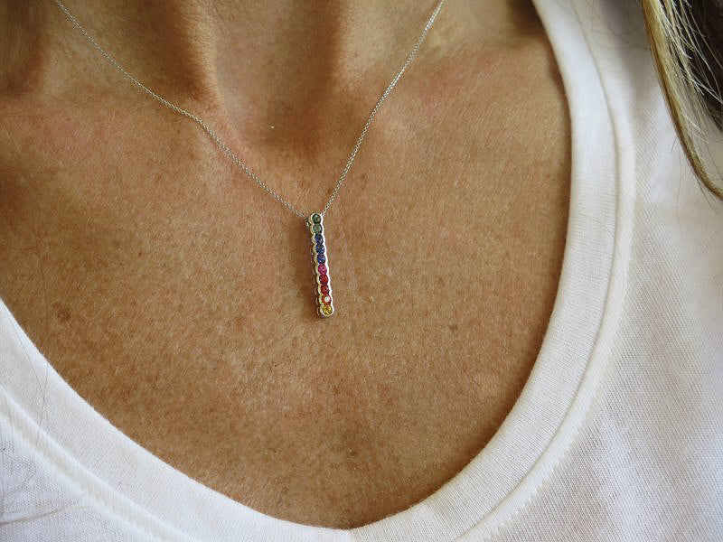Rainbow Sapphire Line Pendant in 14k white gold