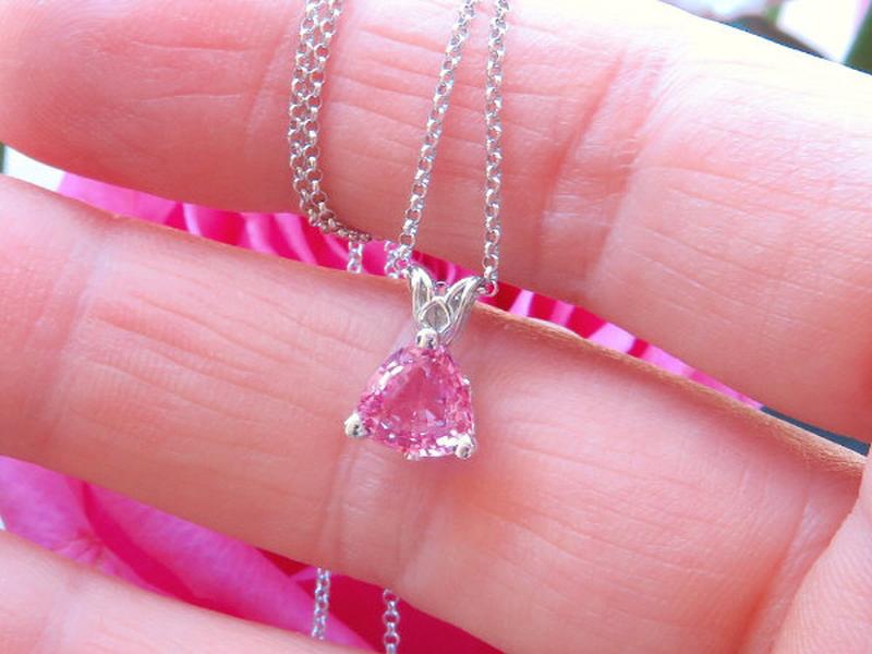 Expensive Trillion Cut Natural Bubblegum Pink Sapphire Pendant in 14k white gold for sale