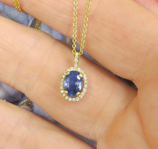 Natural Sapphire Pendant with a Diamond Halo set in Real 14k yellow gold for sale