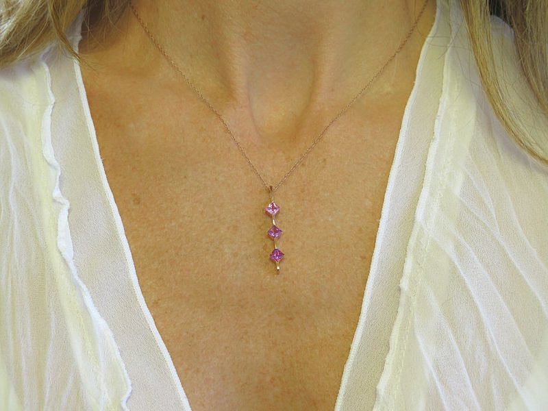 Princess Cut Pink and Purple Sapphire Line Pendant in 14k rose gold
