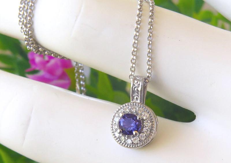 Round Cut Natural Purple Sapphire Pendant in 14k white gold for sale