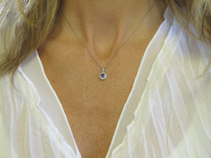 Ceylon Natural Purple Sapphire and Diamond Halo Pendant in 14k white gold