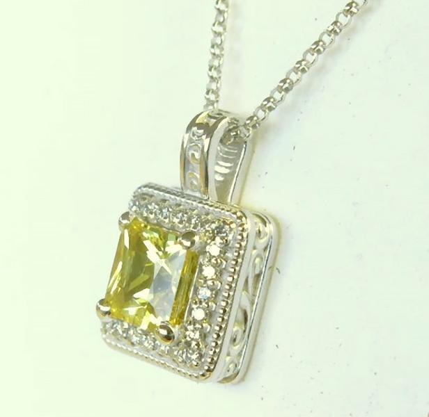 Yellow Sapphire Pendant in 14k white gold- princess cut with diamond halo