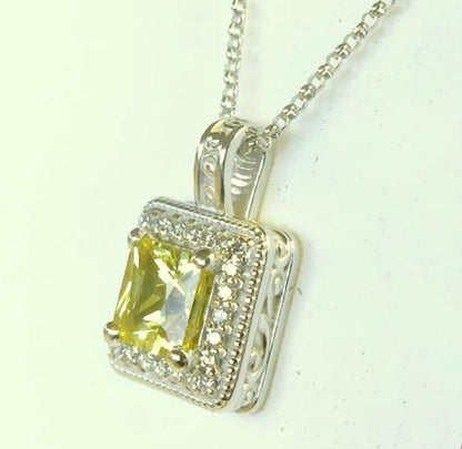 Yellow Sapphire Pendant in 14k white gold- princess cut with diamond halo