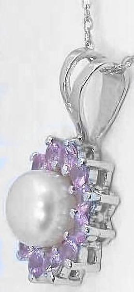 6mm Pearl Pendant  with natural pink sapphire halo set in 14k white gold