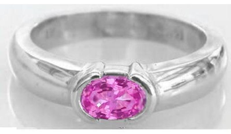 Solitaire set oval cut natural pink sapphire ring in 14k white gold