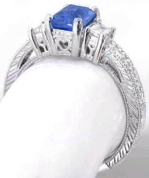 Cushion Cut Natural Blue Sapphire and Baguette Diamond Three Stone Ring in 14k white gold