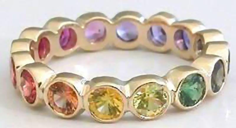 Bezel Set  LGBT Natural Rainbow Sapphire Eternity Band Ring in 14k gold for sale