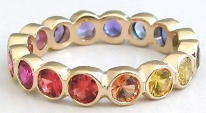 Bezel Set Round Natural Rainbow Sapphire Eternity Band Ring in 14k gold for sale