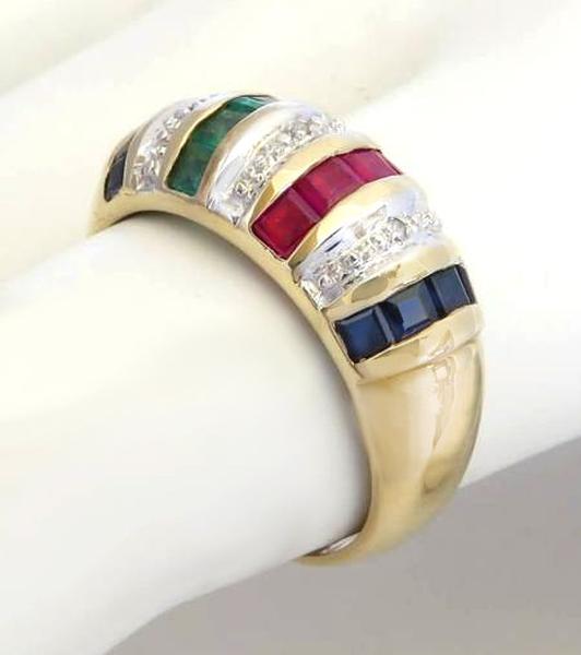 Square Cut Natural Ruby, Sapphire, Emerald and Diamond Dome Ring in 14k yellow gold