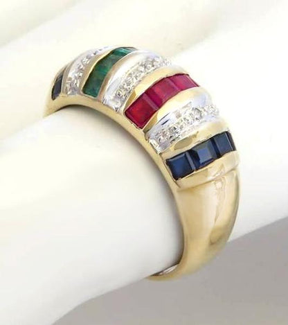Square Cut Natural Ruby, Sapphire, Emerald and Diamond Dome Ring in 14k yellow gold