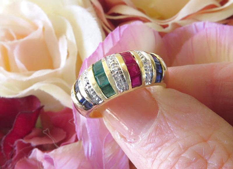 Natural Ruby, Sapphire, Emerald and Diamond Ring in 14k yellow gold