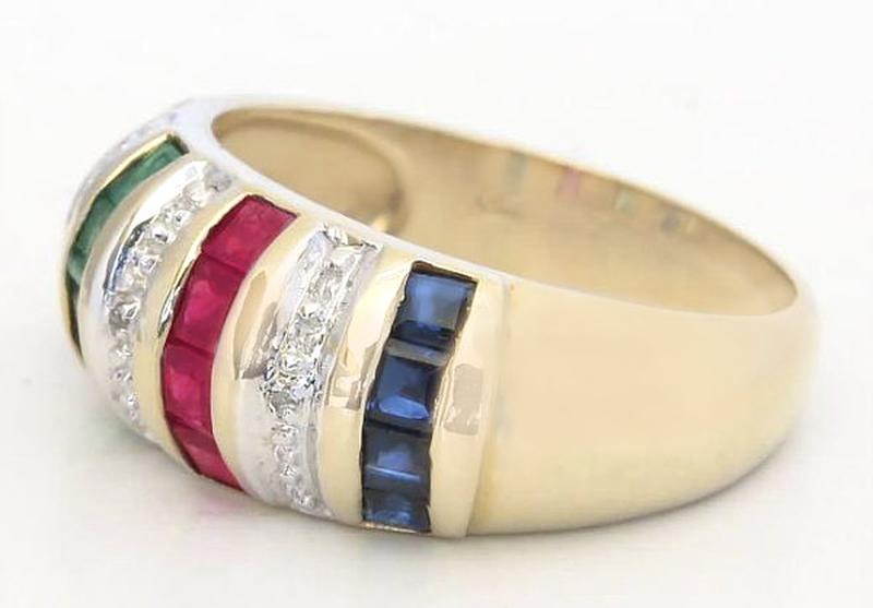 Natural Ruby, Sapphire, Emerald and Diamond Dome Ring in 14k yellow gold for sale