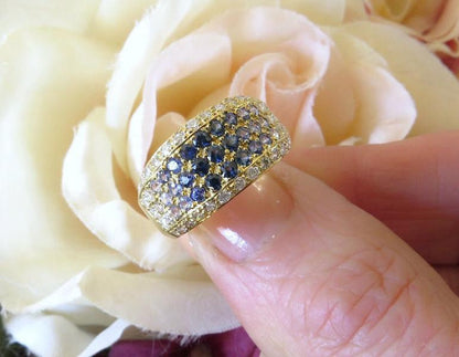 Pave natural sapphire ring with real diamonds in solid 18k yellow gold for sale