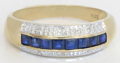 Natural Blue Sapphire Channel Set Ring with Diamond Accents in solid 14k yellow gold for sale