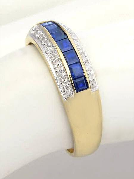 Anniversary Ring with Channel Set Genuine Blue Sapphires and Diamond Accents in solid 14k yellow gold