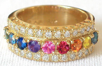 Natural Rainbow Sapphire (3mm) Band Ring with Two Rows of Fine Round Diamonds in 14k yellow gold