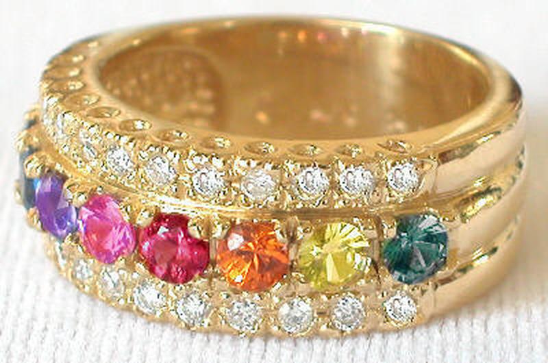 Three Row Fine Quality Natural Sapphire and Diamond Anniversary Band Ring in 14k yellow gold with Vibrant Rainbow Sapphires