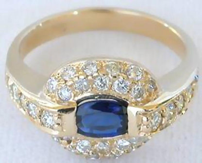 Unique East West Set Oval Natural Sapphire Ring with Real Diamond Halo in solid 14k yellow gold
