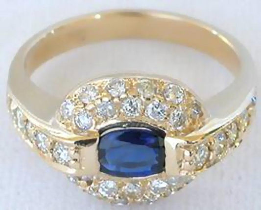 Unique East West Set Oval Natural Sapphire Ring with Real Diamond Halo in solid 14k yellow gold