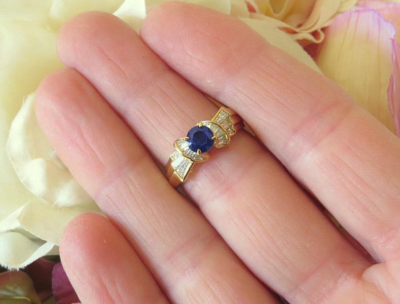 Designer Natural Blue Sapphire Fashion Ring with Real Baguette Diamond Ring in solid 18k yellow for sale