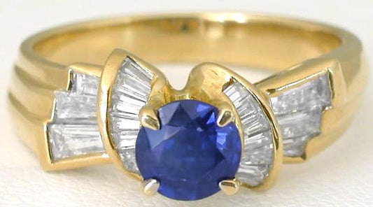 Designer Damiani Round Natural Blue Sapphire and Real Baguette Diamond Ring in 18k yellow for salegold